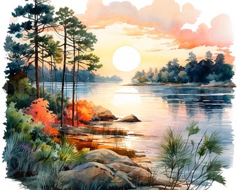 18 imágenes prediseñadas de paisaje de lago, amanecer en el lago, imágenes prediseñadas de acuarela imprimibles, JPG/PNG de alta calidad, descarga digital, alta resolución, manualidades de papel