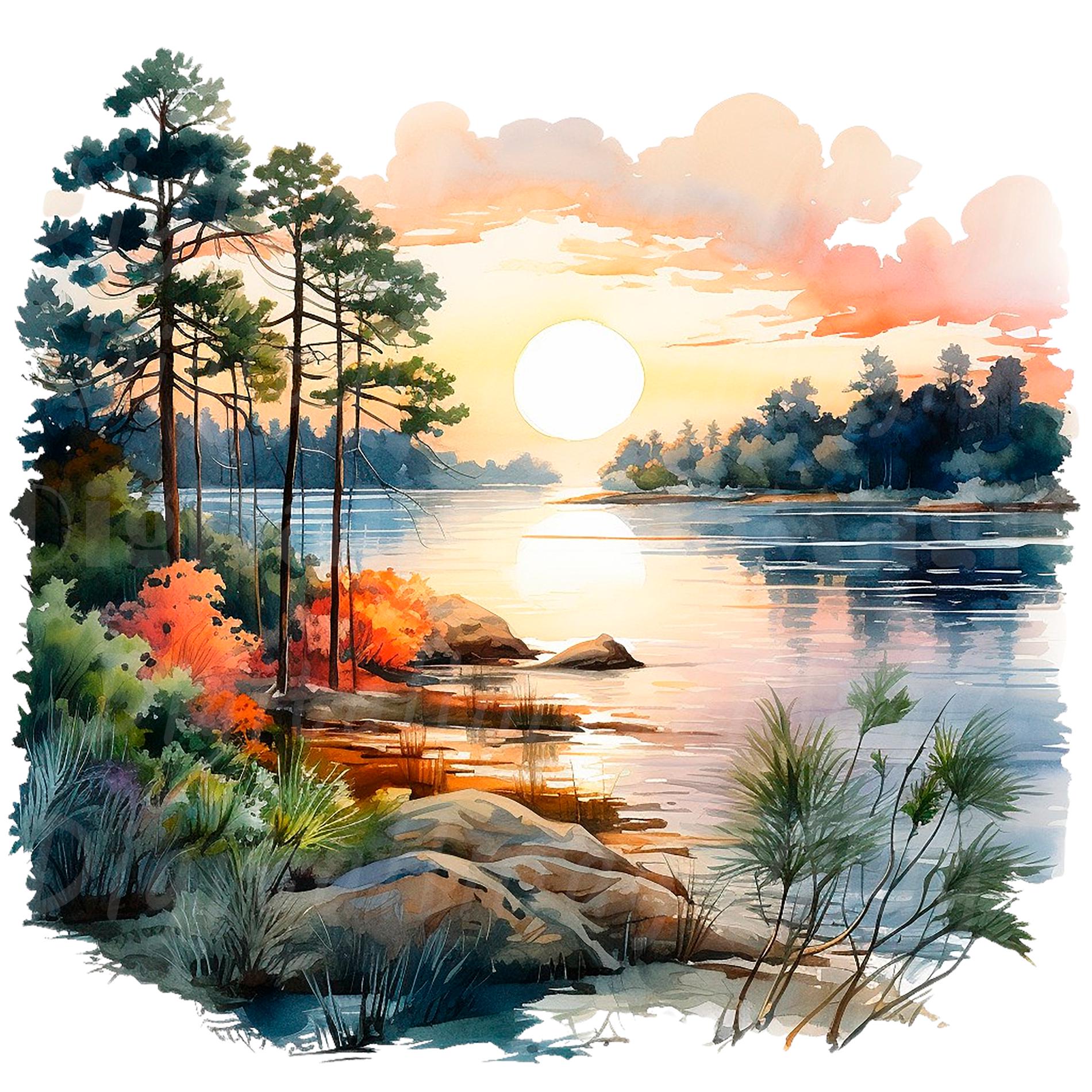 湖の夕日のアート - Etsy 日本