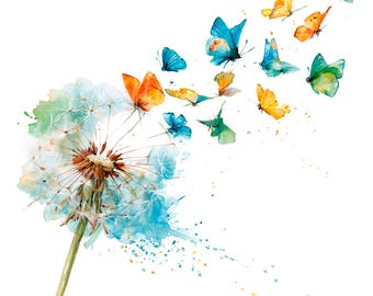 20 Dandelion Butterflies Clipart, Dandelion Print, Printable Watercolor clipart, High Quality JPG/PNGs, Digital download, Paper craft