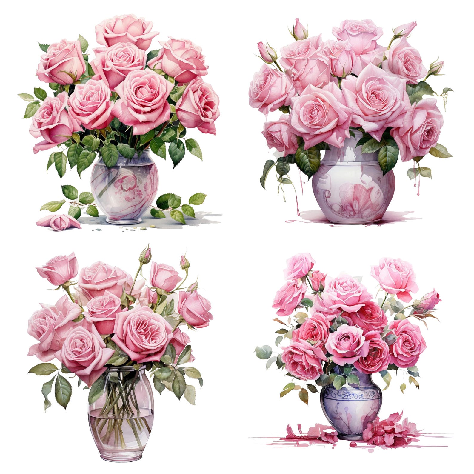 19 Roses in Vase Clipart, Pink Roses, Printable Watercolor Clipart ...