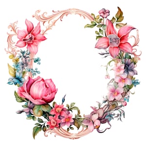 May include: A watercolor illustration of a floral wreath with pink, red, and blue flowers. The wreath is framed by a gold ornate design.