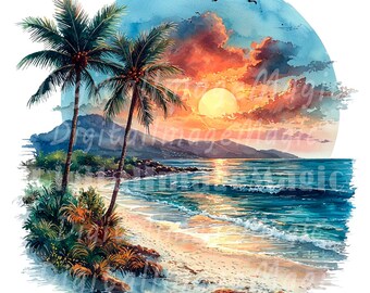 24 PNG Sunny Beach Clipart, Palms Clipart, Tropical Beach, Printable Watercolor clipart, Transparent PNGs, Digital download, Paper craft