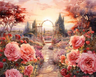 May include: A stone pathway leads through a lush garden with a wrought iron archway at the end. The garden is filled with pink roses and other flowers in shades of purple, pink, and white. The sky is a soft orange and pink, suggesting a beautiful sunset.