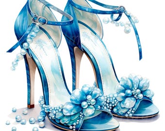 Zapatos de fiesta con 19 perlas, clipart de tacones altos, clipart digital, clipart de acuarela, clipart imprimible, descarga digital, manualidades de papel