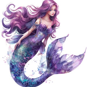 19 Purple Mermaid Clipart, Cartoon Mermaid, Printable Watercolor clipart, High Quality JPG/PNG, Digital download, Paper craft, junk journals
