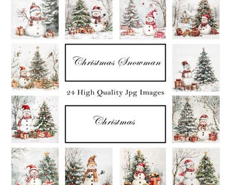 Può includere: Un collage digitale di 24 immagini con pupazzi di neve in scene invernali. Ogni immagine raffigura un pupazzo di neve in piedi vicino a un albero di Natale con regali e neve. Il testo "Christmas Snowman" e "24 High Quality Jpg Images" è visualizzato al centro del collage.