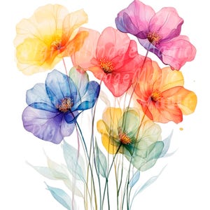 May include: A bouquet of six watercolor flowers in shades of yellow, orange, red, blue, and green. The flowers are translucent and have a delicate, ethereal quality.
