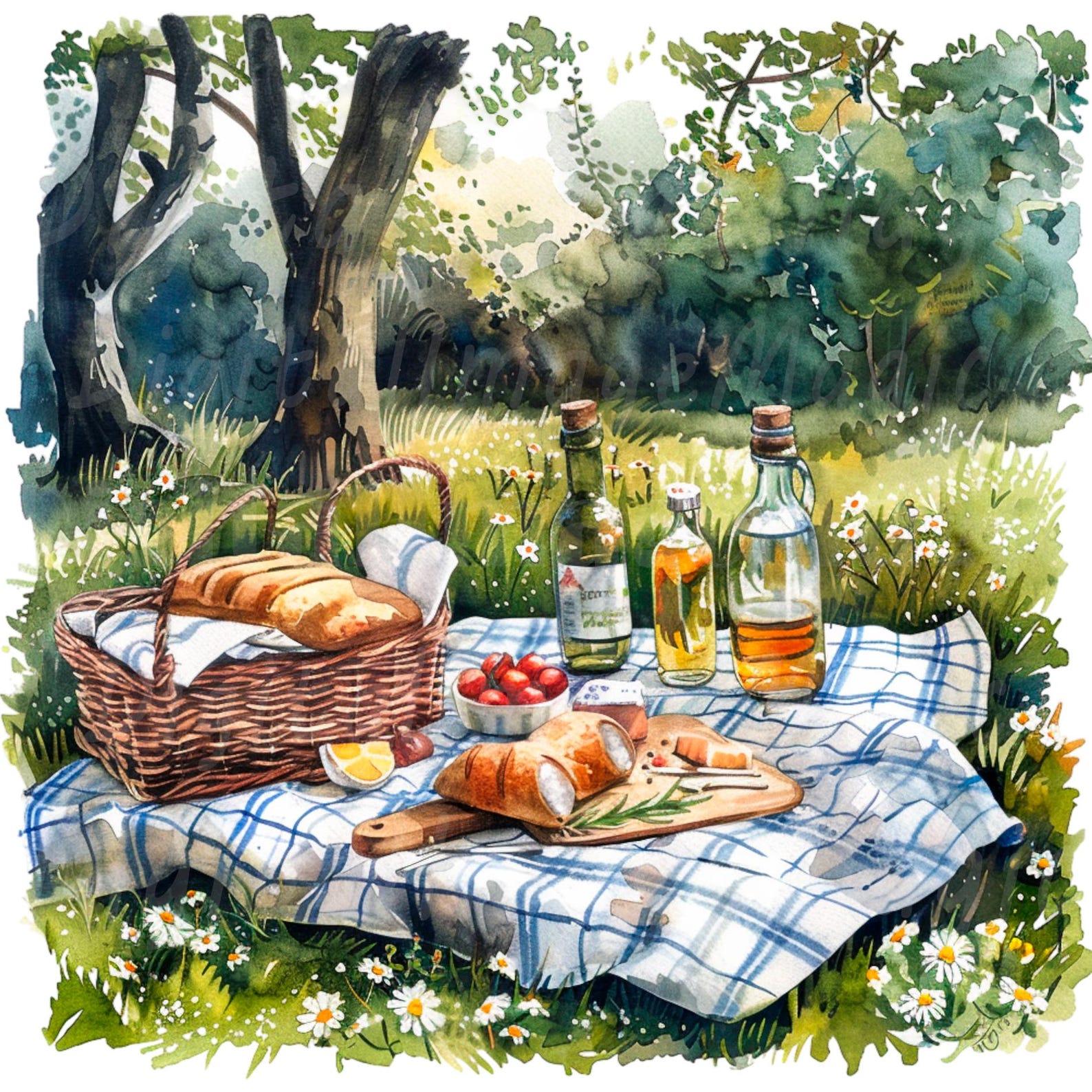 Spring Picnic Graphics 19 Spring Picnic Clipart, Picnic in Park, Printable Watercolor Clipart ...