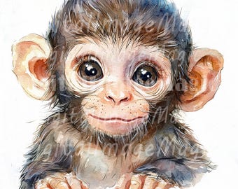 Monkey Baby Clipart - 24 High Quality JPGs- Printable Watercolor clipart, High Quality JPGs, Digital download, Paper Crafts, Journals