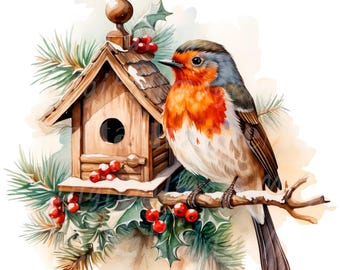 19 Christmas Robin Clipart, Printable Watercolor clipart, High Quality PNG/JPGs, Digital download, Paper craft, Junk journals