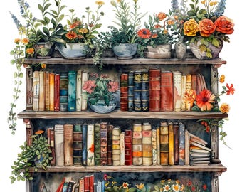 May include: Watercolor illustration of a wooden bookshelf filled with colorful books and potted plants. The top shelf displays various flowers in blue and white pots. The books are of different sizes and colors, creating a visually appealing arrangement.