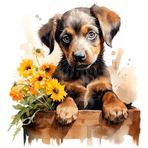 19 cliparts chiot avec fleur, chien, clipart aquarelle imprimable, JPG/PNG de haute qualité, téléchargement numérique, créations en papier, carnets de bord
