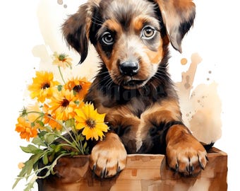 19 Puppy With Flower Clipart, Dog Clipart, Printable Watercolor clipart, High Quality JPG/PNGs, Digital download, Paper craft, junk journals