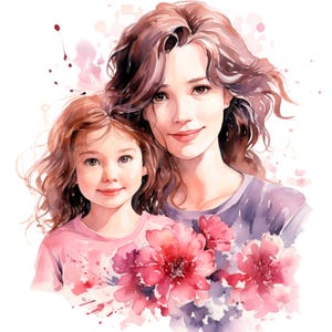 Mother and Daughter Watercolor Clipart: Mother&#39;s Day Card Graphics (Digital Download)
