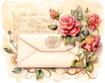 19 Romantic Letter, Floral Envelope Clipart, Printable Watercolor clipart, High Quality JPG/PNG, Digital download, Paper craft, junk journal