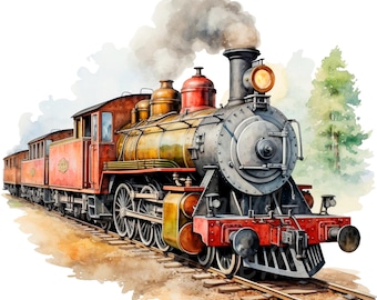 19 Cartoon Locomotives Clipart, Antique Train, Printable Watercolor clipart, High Quality JPG/PNGs, Digital download, Paper craft, Journals