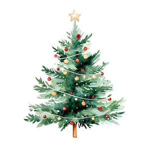 Puede incluir: Ilustración en acuarela de un árbol de Navidad. El árbol es verde con adornos rojos y dorados, una guirnalda de luces y una estrella dorada en la parte superior. El tronco del árbol es marrón. El fondo es blanco.