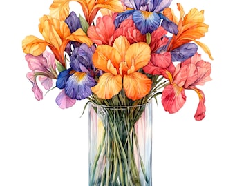 18 Vase Flowers Clipart, Flowers Iris Clipart, Printable Watercolor clipart, High Quality PNG/JPGs, Digital download, Paper craft, Journals