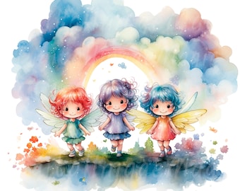 19 Fairies and Rainbow Clipart, Nursery Rainbow, Printable Watercolor clipart, High Quality PNG, Digital download, Nursery Print