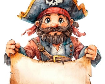 19 Cartoon Pirates Clipart, Pirate With Baner, Printable Watercolor clipart, High Quality JPG/PNGs, Digital download, Paper craft, Journals