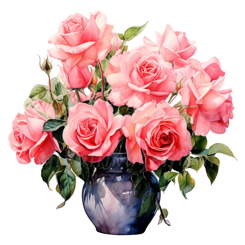 19 Roses in Vase Clipart, Pink Roses, Printable Watercolor Clipart ...