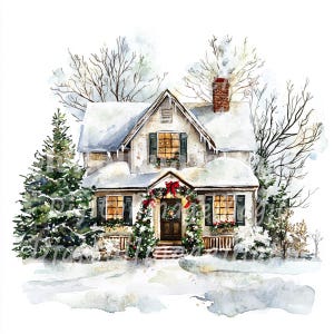 24 imágenes prediseñadas de casas navideñas, arte de tarjetas navideñas, imágenes prediseñadas de acuarela imprimibles, archivos JPG de alta calidad, descarga digital, manualidades de papel, diario basura