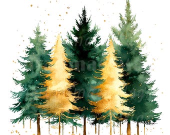 20 Christmas Trees Clipart, Christmas Card, Printable Watercolor clipart, High Quality PNG/JPGs, Digital download, Paper craft, junk journal
