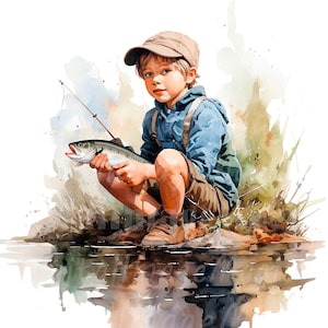 14 Clipart pêche enfant, petit garçon pêcheur, clipart aquarelle imprimable, JPG/PNG de haute qualité, téléchargement numérique, créations en papier, journal indésirable