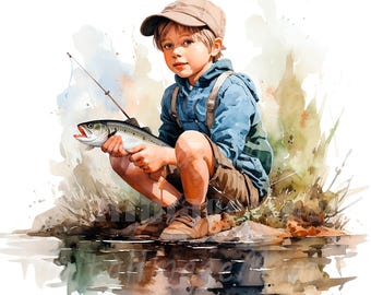 14 imágenes prediseñadas de niño pescando, niño pequeño pescando, imágenes prediseñadas de acuarela imprimibles, JPG/PNG de alta calidad, descarga digital, manualidades de papel, diario basura
