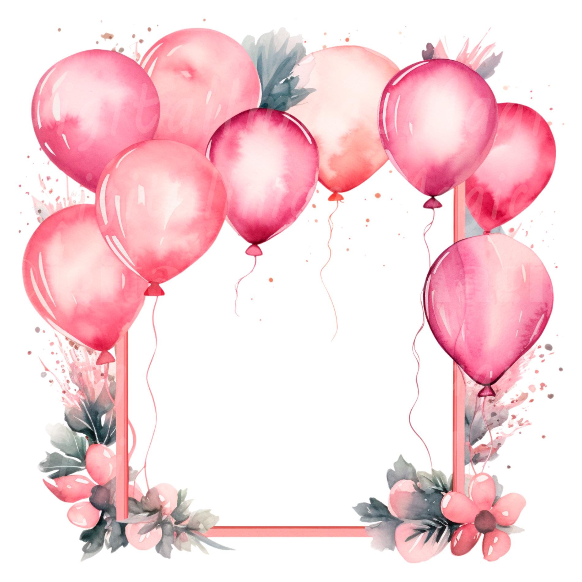 19 Birthday frame Clipart, Pink Birthday Balloons, Printable Watercolor clipart, High Quality JPG/PNGs, Digital download, Paper crafts