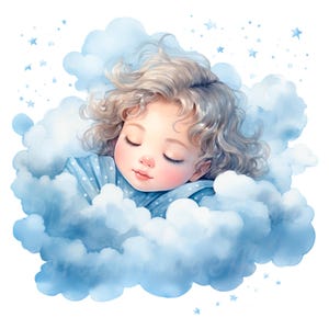 19 Baby Sleeping In Clouds Clipart, Kid Sleeping, Printable Watercolor clipart, High Quality JPG/PNG, Digital download, Paper craft, Journal