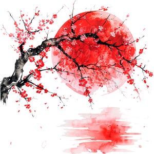 19 Sakura And Moon Clipart, Japanese Wall Art, Sakura Branch, Printable Watercolor clipart, High Quality PNGs, Digital download, Paper craft