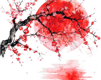 19 Sakura And Moon Clipart, Japanese Wall Art, Sakura Branch, Printable Watercolor clipart, High Quality PNGs, Digital download, Paper craft