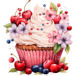 24 imágenes prediseñadas de cupcakes florales, impresiones de cupcakes, imágenes prediseñadas de acuarela imprimibles, JPG/PNG de alta calidad, descarga digital, manualidades de papel, diarios basura