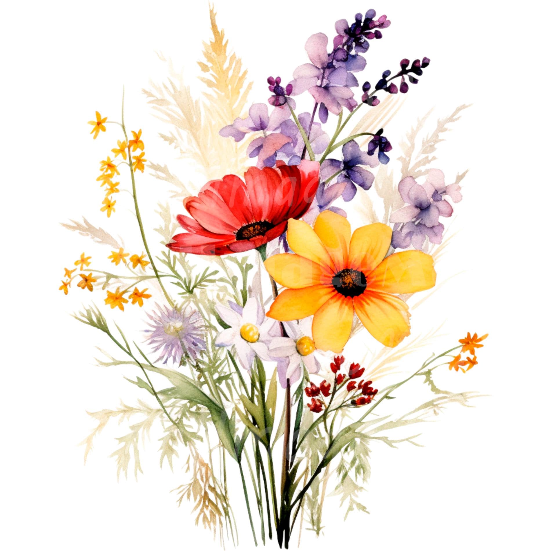 18 Wildflowers Bouquet Clipart, Wild Flowers, Printable Watercolor clipart, High Quality PNG/JPG, Digital download, Paper craft, Journal