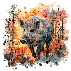 19 Wild boar in Sunset Clipart, Printable Watercolor clipart, High Quality PNGs, Digital download, Paper crafts, junk journals