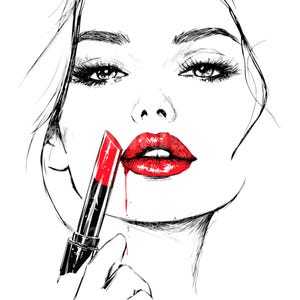 18 Donna che tiene il rossetto Clipart, Clipart di linee del viso, Clipart di acquerelli stampabili, JPG/PNG di alta qualità, Download digitale, Carta artigianale