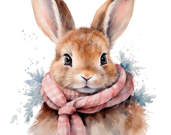 19 Fluffy Bunny in Scarf Clipart, Winter Bunny, Printable Watercolor clipart, High Quality JPG/PNGs, Digital download, Paper craft, Journal