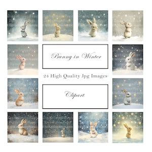 24 Bunny in Winter Clipart, Printable Watercolor clipart, High Quality JPGs, Digital download, High resolution, Paper crafts, Junk journals