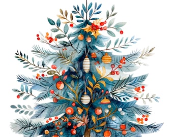 19 Scandinavian Christmas Tree Clipart, Folk, Printable Watercolor clipart, High Quality PNGs, Digital download, Paper craft, junk journals
