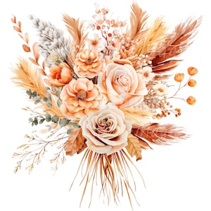 Könnte beinhalten: Ein Aquarellbild eines Straußes getrockneter Blumen und Pampasgras in Beige-, Braun- und Pfirsichtönen. Der Strauß enthält Rosen, kleine Blumen und getrocknete Gräser.