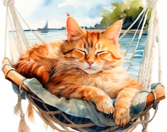 19 Sleeping Cat Clipart, Cat in Hammock, Printable Watercolor clipart, High Quality JPG/PNGs, Digital download, Paper craft, junk journals