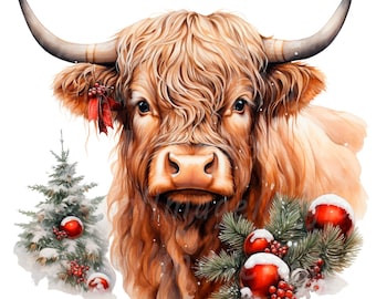 20 Christmas Highland Cow Clipart, Farm Clipart, Printable Watercolor clipart, High Quality PNG, Digital download, Paper craft, junk journal