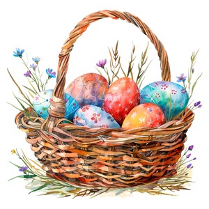 19 oeufs de Pâques panier Clipart, panier de Pâques, clipart aquarelle imprimable, JPG/PNG de haute qualité, téléchargement numérique, créations en papier, journaux