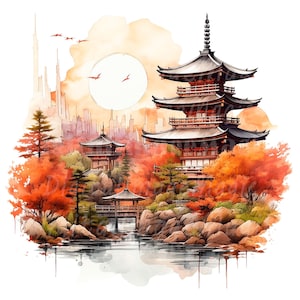 May include: A watercolour painting of a Japanese pagoda with a red roof and a golden sun in the background. The pagoda is surrounded by trees with red and orange leaves. There is a small bridge in the foreground leading to a pond.