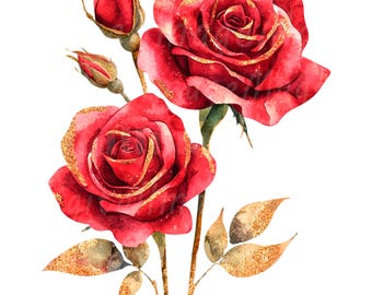 19 Red Gold Rose Clipart, Pastel Rose Stem, Printable Watercolor clipart, Digital download, High Quality PNG/JPG, Paper craft, Junk Journals