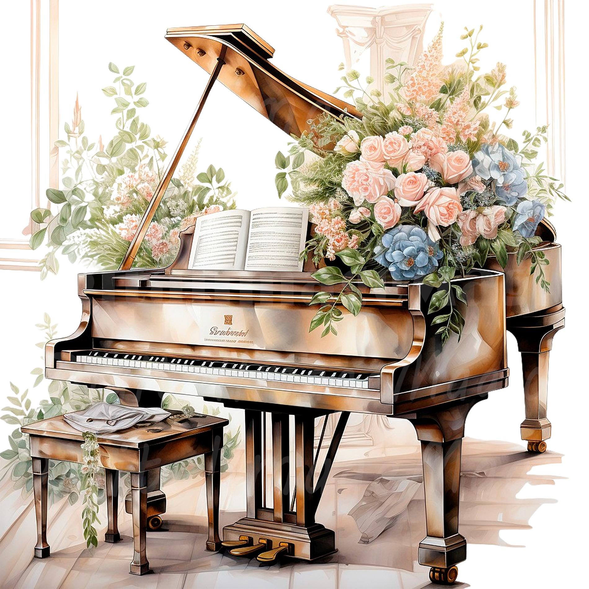 19 Floral Grand Piano Clipart, Printable Watercolor Clipart, High