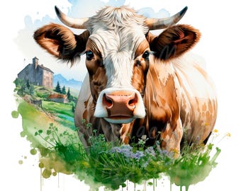 Watercolor Cow Clipart: Farm Animal PNG Images (Digital Download, Commercial Use