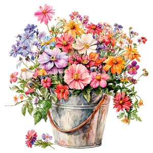 18 Wildflowers Bucket Clipart, Flowers in Bucket, Printable Watercolor clipart, High Quality PNG/JPG, Digital download, Paper craft, Journal