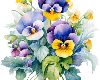 19 Pansy Clipart, Pansies Flowers, Printable Watercolor clipart, High Quality JPG/PNGs, Digital download, Paper craft, junk journal